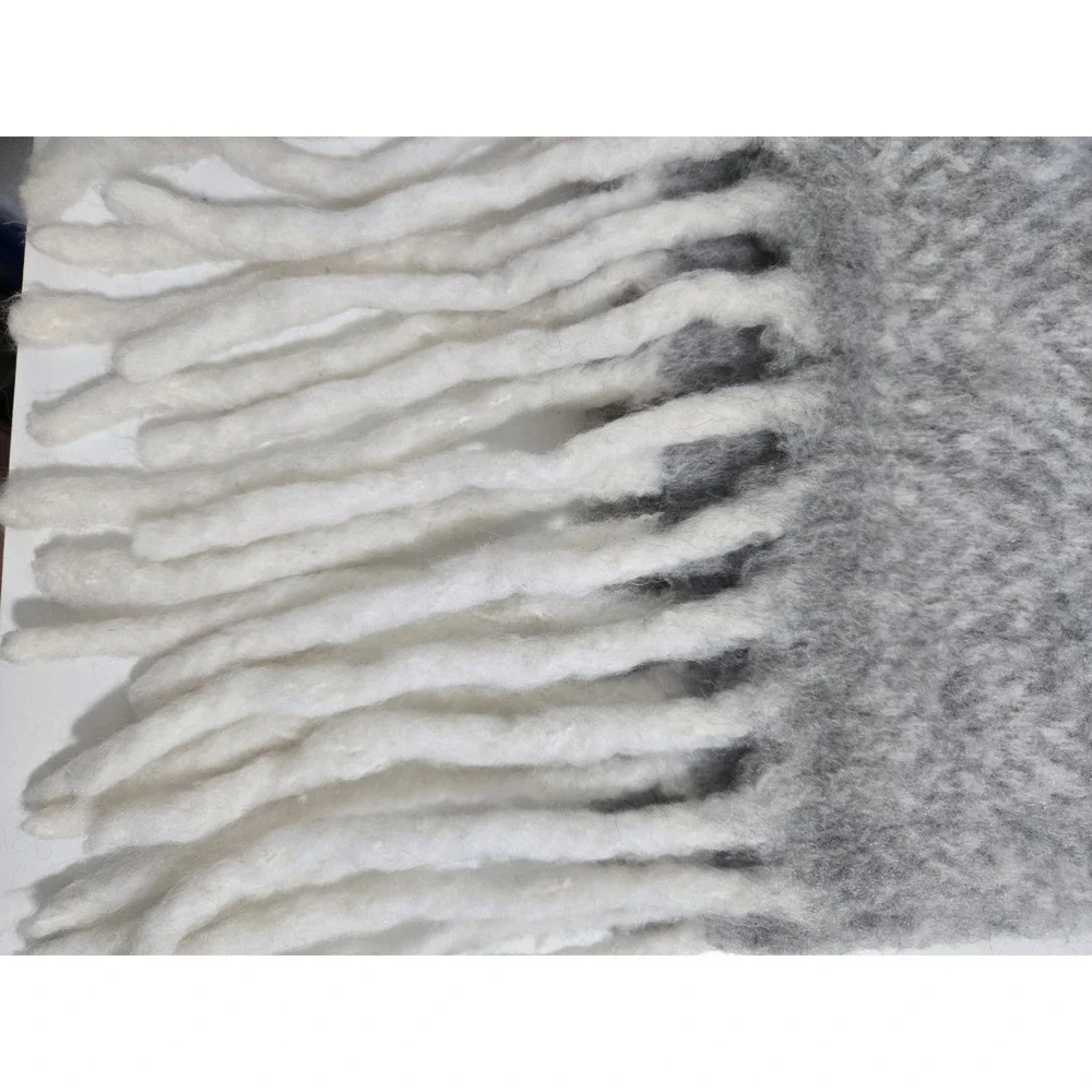 Lassesor Gray Herringbone Wool Blend‎ Scarf with Fringe